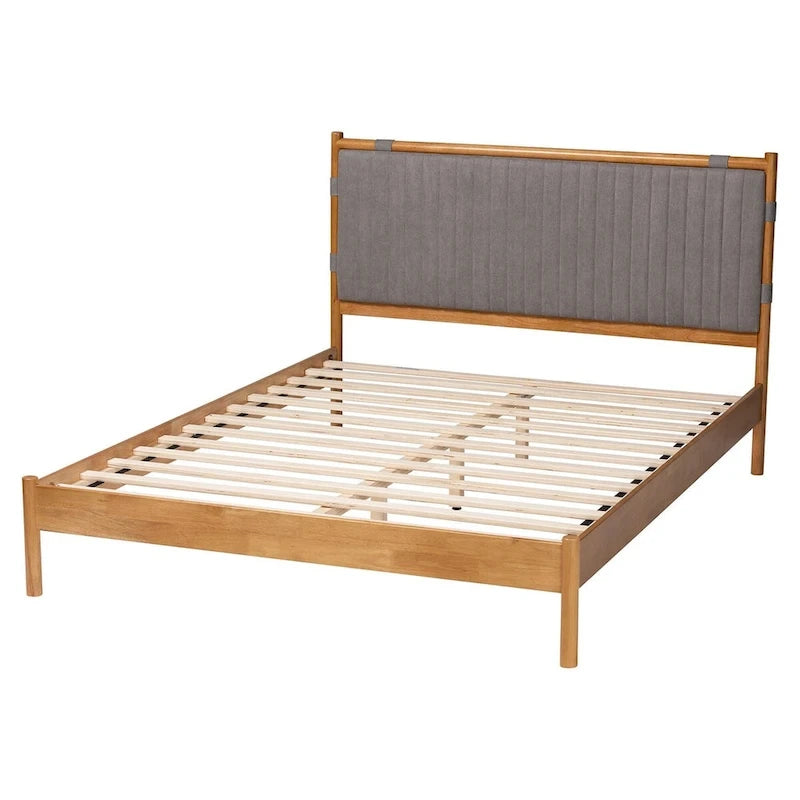 Jaiana Mid-Century Grey Fabric and Oak Brown Wood Queen Size Bed