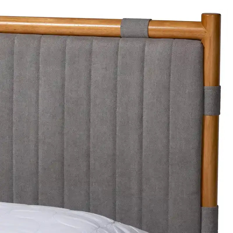 Jaiana Mid-Century Grey Fabric and Oak Brown Wood Queen Size Bed