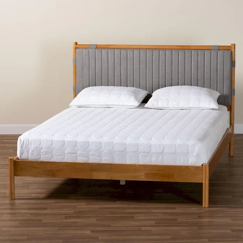 Jaiana Mid-Century Grey Fabric and Oak Brown Wood Queen Size Bed
