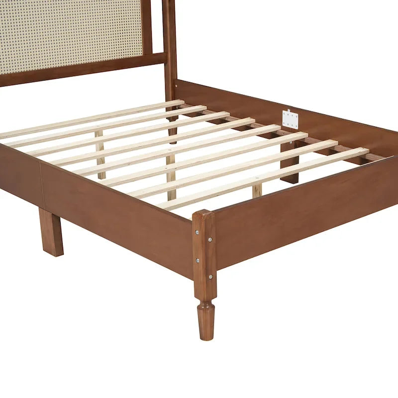 Wooden Platform Bed with Natural Rattan Headboard