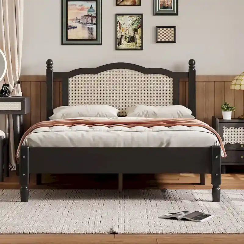 Wooden Platform Bed with Natural Rattan Headboard