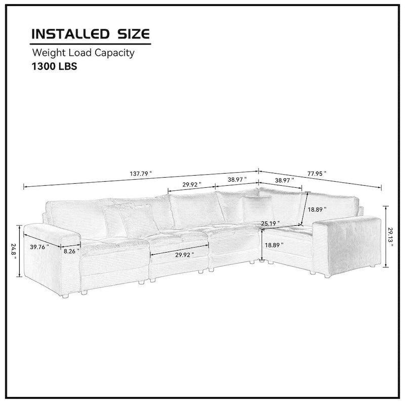 Modular L-Shaped Sectional Sofa, Detachable Cushions, Soft Corduroy Upholstery