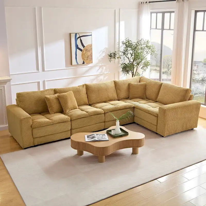 Modular L-Shaped Sectional Sofa, Detachable Cushions, Soft Corduroy Upholstery