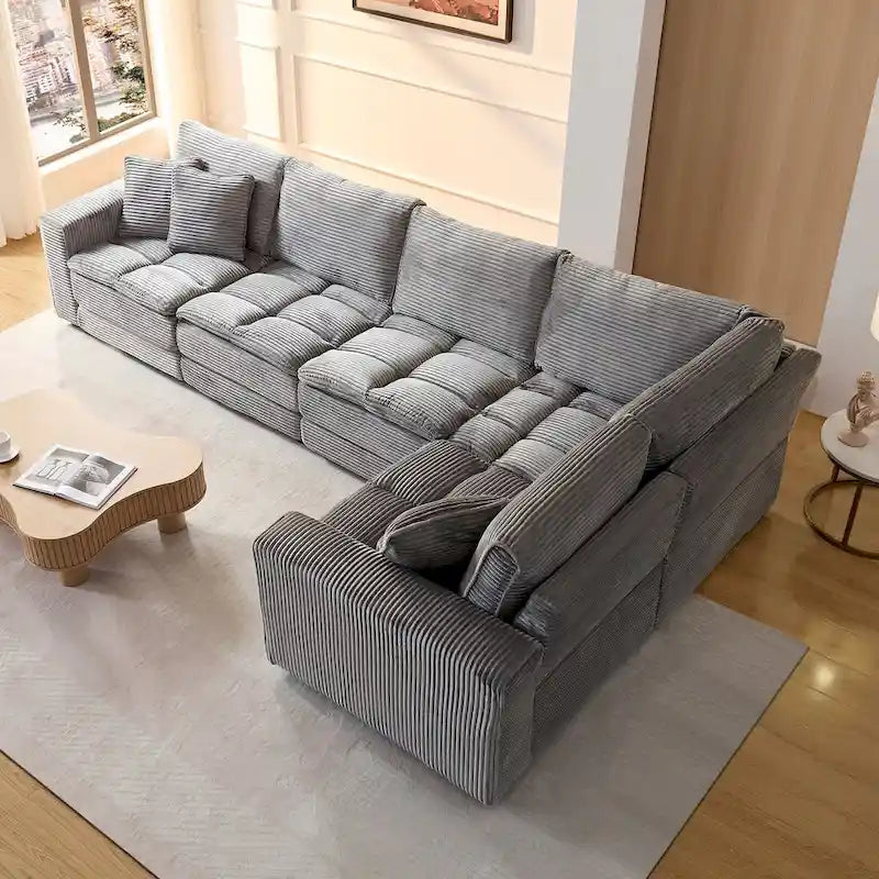 Modular L-Shaped Sectional Sofa, Detachable Cushions, Soft Corduroy Upholstery