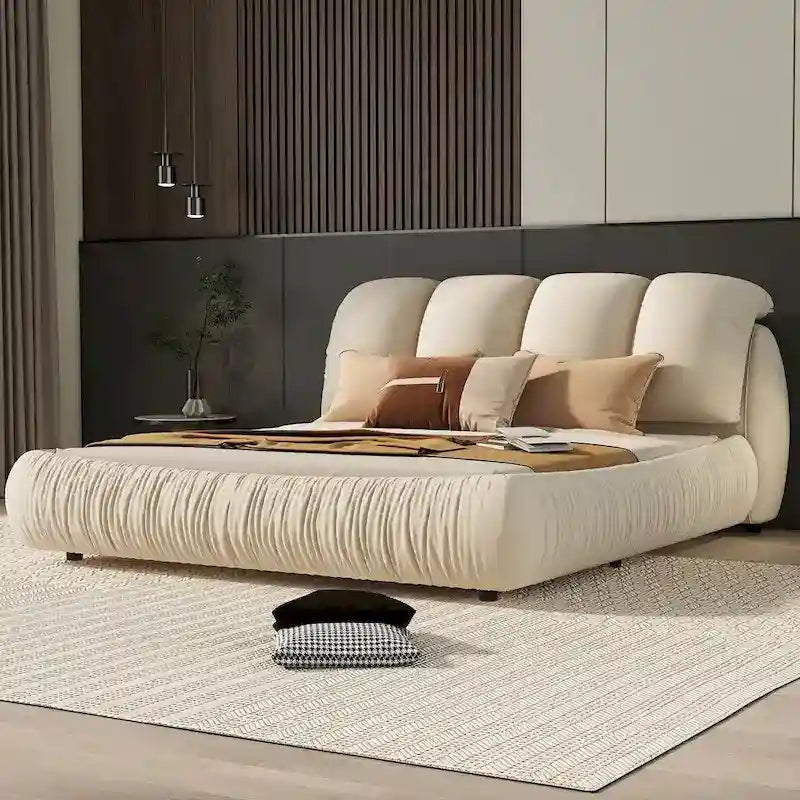 Queen Size Luxury Upholstered Bed With Thick Headboard, Vevet Queen Bed with Oversized Padded Backrest